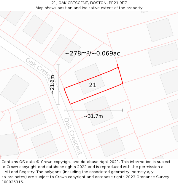21, OAK CRESCENT, BOSTON, PE21 9EZ: Plot and title map