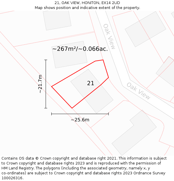 21, OAK VIEW, HONITON, EX14 2UD: Plot and title map