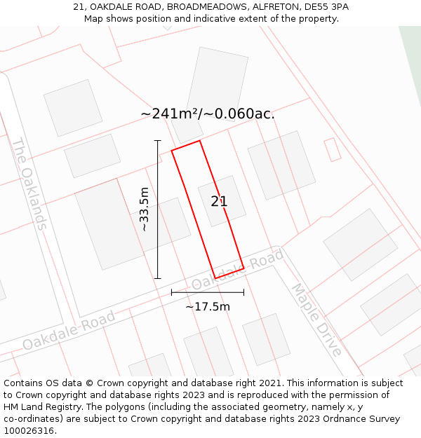21, OAKDALE ROAD, BROADMEADOWS, ALFRETON, DE55 3PA: Plot and title map