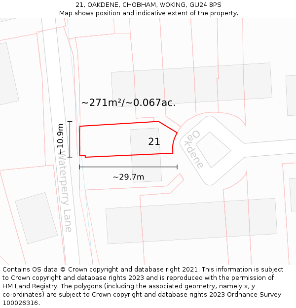 21, OAKDENE, CHOBHAM, WOKING, GU24 8PS: Plot and title map