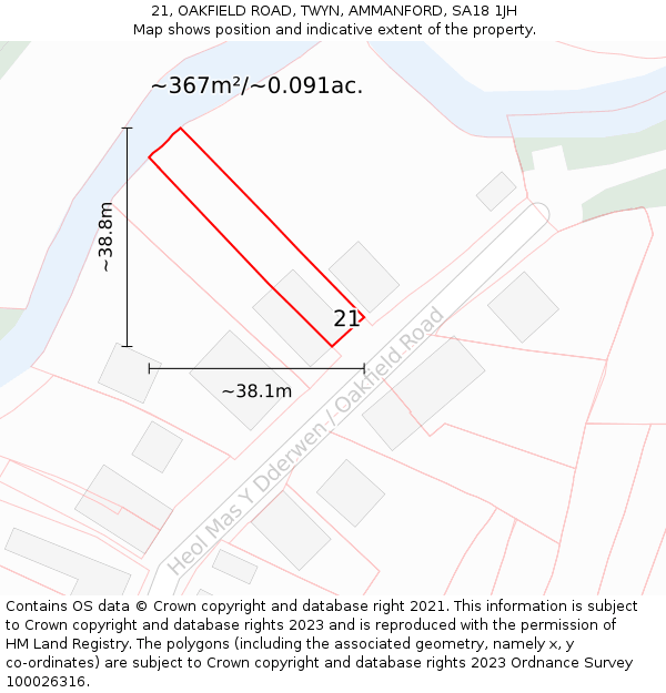 21, OAKFIELD ROAD, TWYN, AMMANFORD, SA18 1JH: Plot and title map