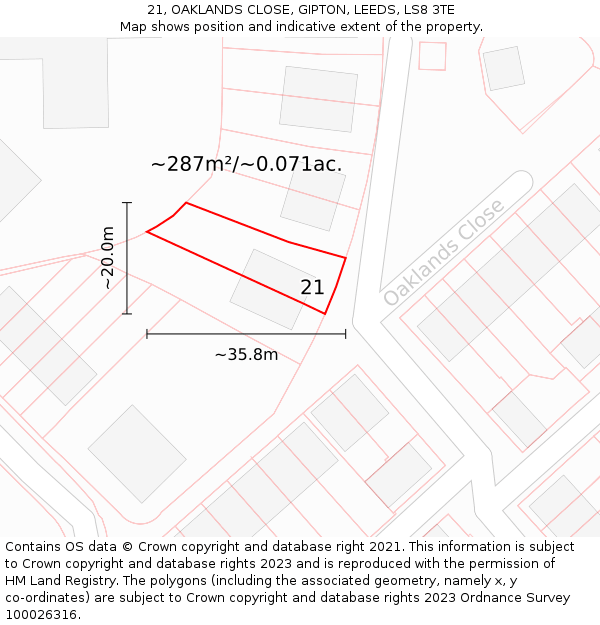 21, OAKLANDS CLOSE, GIPTON, LEEDS, LS8 3TE: Plot and title map