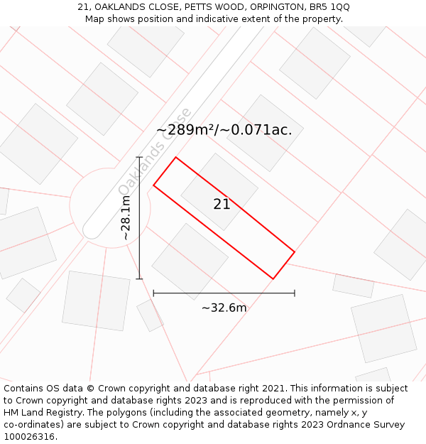 21, OAKLANDS CLOSE, PETTS WOOD, ORPINGTON, BR5 1QQ: Plot and title map