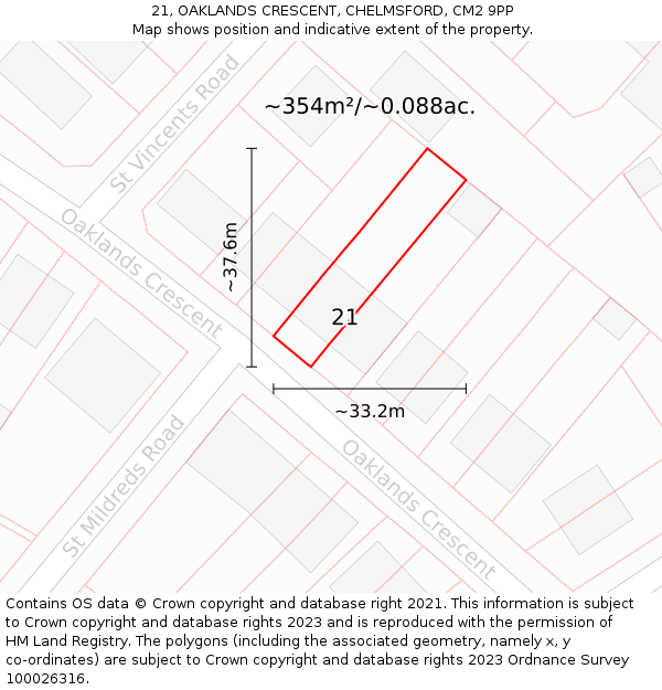 21, OAKLANDS CRESCENT, CHELMSFORD, CM2 9PP: Plot and title map