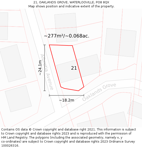 21, OAKLANDS GROVE, WATERLOOVILLE, PO8 8QX: Plot and title map