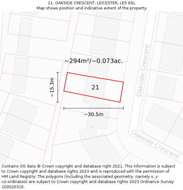 21, OAKSIDE CRESCENT, LEICESTER, LE5 6SL: Plot and title map