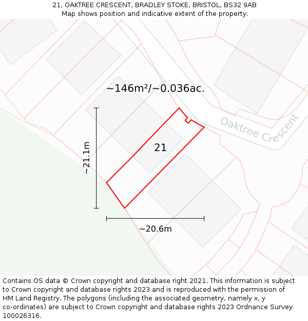 21, OAKTREE CRESCENT, BRADLEY STOKE, BRISTOL, BS32 9AB: Plot and title map
