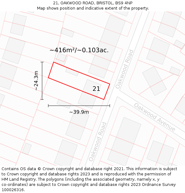 21, OAKWOOD ROAD, BRISTOL, BS9 4NP: Plot and title map