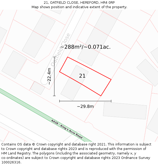 21, OATFIELD CLOSE, HEREFORD, HR4 0RP: Plot and title map