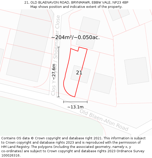 21, OLD BLAENAVON ROAD, BRYNMAWR, EBBW VALE, NP23 4BP: Plot and title map