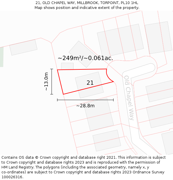 21, OLD CHAPEL WAY, MILLBROOK, TORPOINT, PL10 1HL: Plot and title map