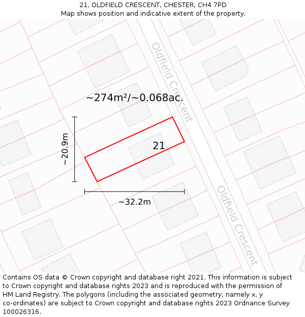 21, OLDFIELD CRESCENT, CHESTER, CH4 7PD: Plot and title map