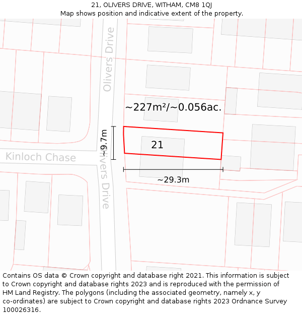 21, OLIVERS DRIVE, WITHAM, CM8 1QJ: Plot and title map