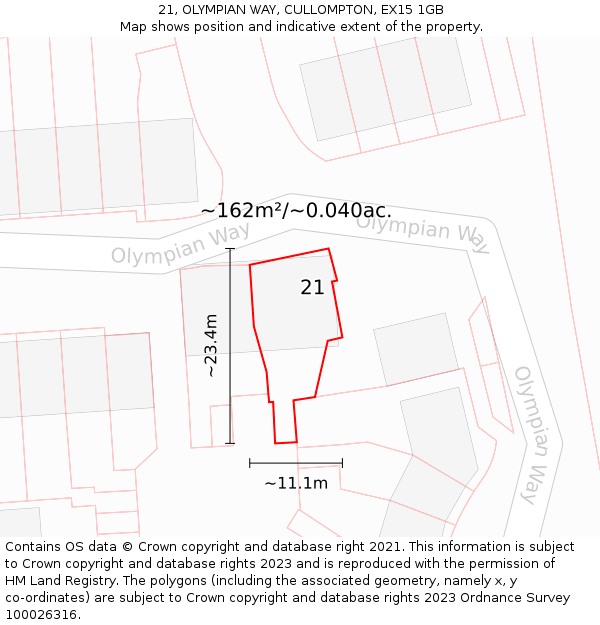 21, OLYMPIAN WAY, CULLOMPTON, EX15 1GB: Plot and title map