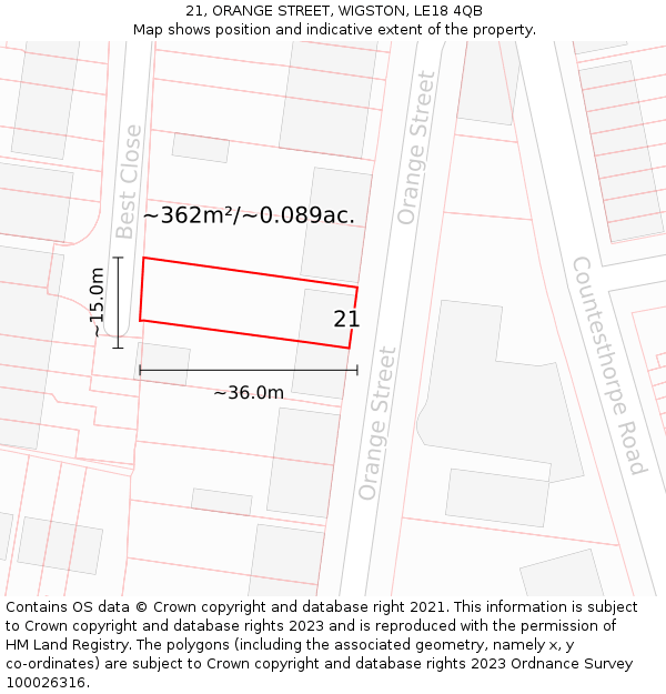 21, ORANGE STREET, WIGSTON, LE18 4QB: Plot and title map