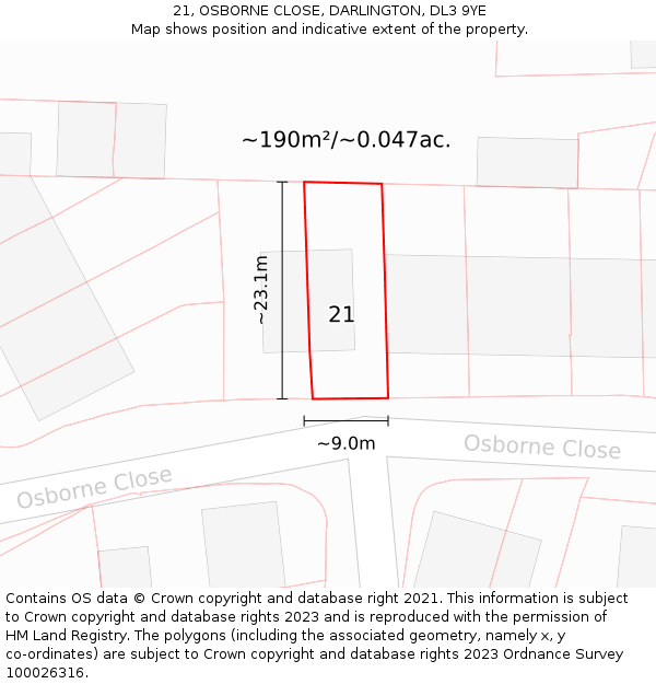 21, OSBORNE CLOSE, DARLINGTON, DL3 9YE: Plot and title map