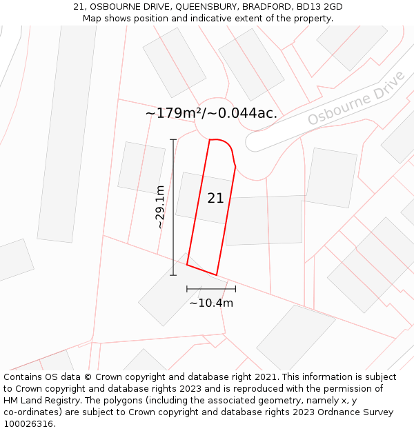 21, OSBOURNE DRIVE, QUEENSBURY, BRADFORD, BD13 2GD: Plot and title map