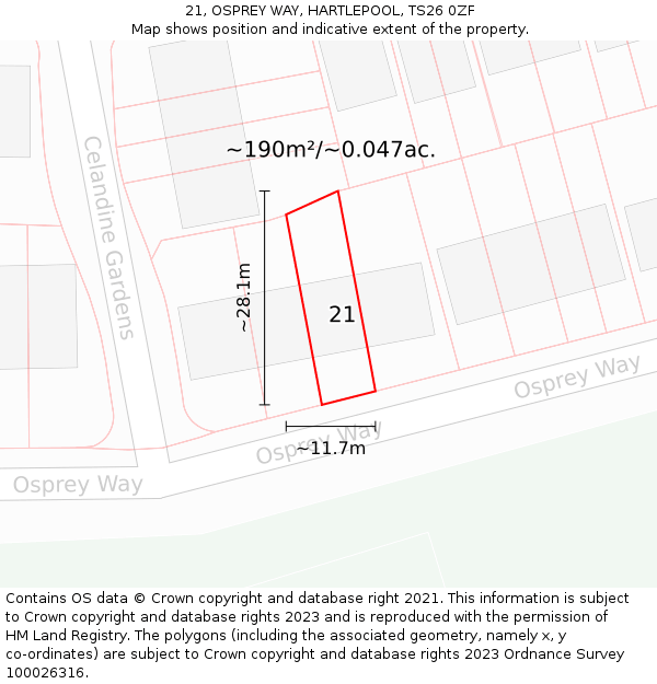 21, OSPREY WAY, HARTLEPOOL, TS26 0ZF: Plot and title map