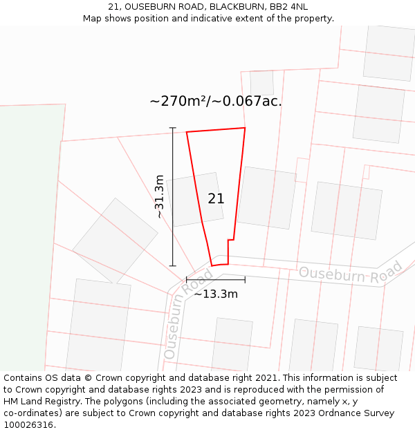 21, OUSEBURN ROAD, BLACKBURN, BB2 4NL: Plot and title map