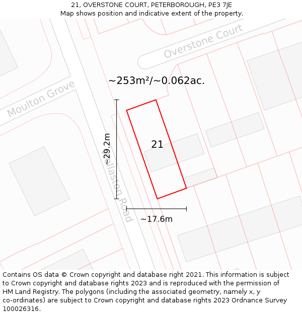 21, OVERSTONE COURT, PETERBOROUGH, PE3 7JE: Plot and title map