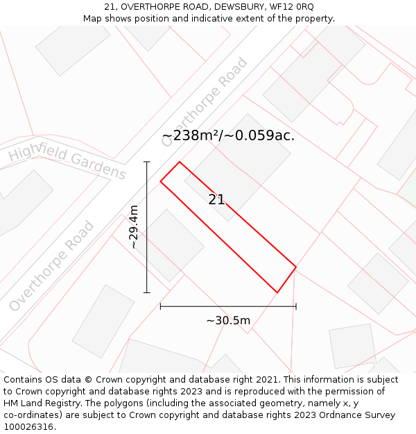 21, OVERTHORPE ROAD, DEWSBURY, WF12 0RQ: Plot and title map
