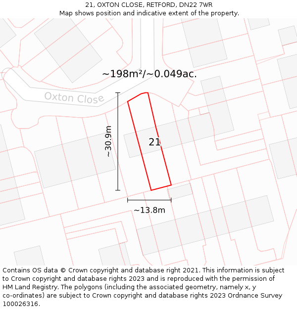 21, OXTON CLOSE, RETFORD, DN22 7WR: Plot and title map