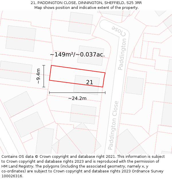 21, PADDINGTON CLOSE, DINNINGTON, SHEFFIELD, S25 3RR: Plot and title map