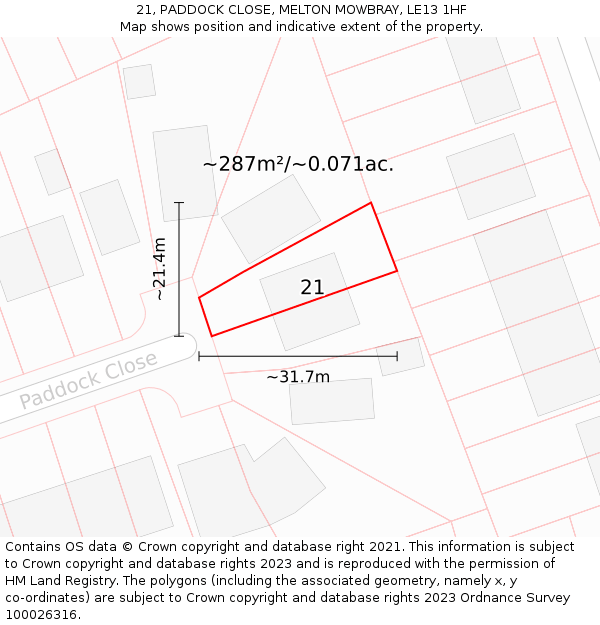 21, PADDOCK CLOSE, MELTON MOWBRAY, LE13 1HF: Plot and title map
