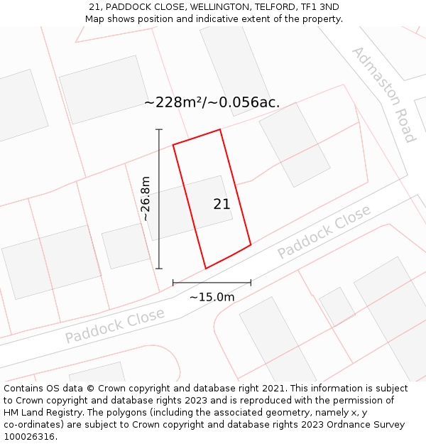 21, PADDOCK CLOSE, WELLINGTON, TELFORD, TF1 3ND: Plot and title map