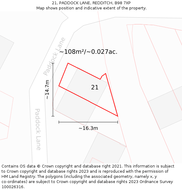 21, PADDOCK LANE, REDDITCH, B98 7XP: Plot and title map