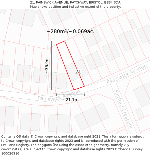 21, PAINSWICK AVENUE, PATCHWAY, BRISTOL, BS34 6DA: Plot and title map