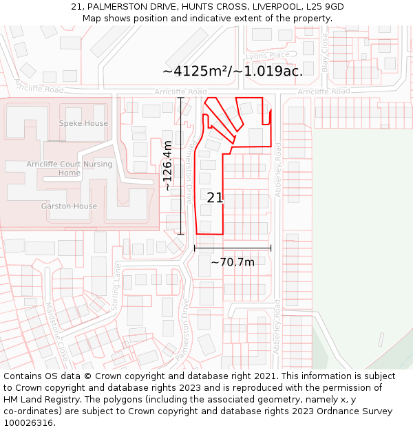 21, PALMERSTON DRIVE, HUNTS CROSS, LIVERPOOL, L25 9GD: Plot and title map