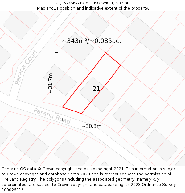 21, PARANA ROAD, NORWICH, NR7 8BJ: Plot and title map
