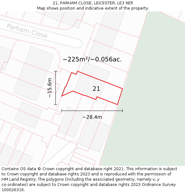 21, PARHAM CLOSE, LEICESTER, LE3 9ER: Plot and title map