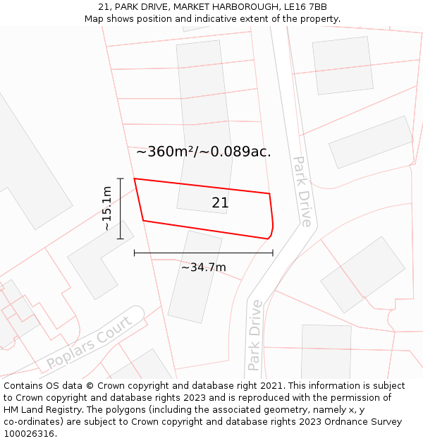 21, PARK DRIVE, MARKET HARBOROUGH, LE16 7BB: Plot and title map