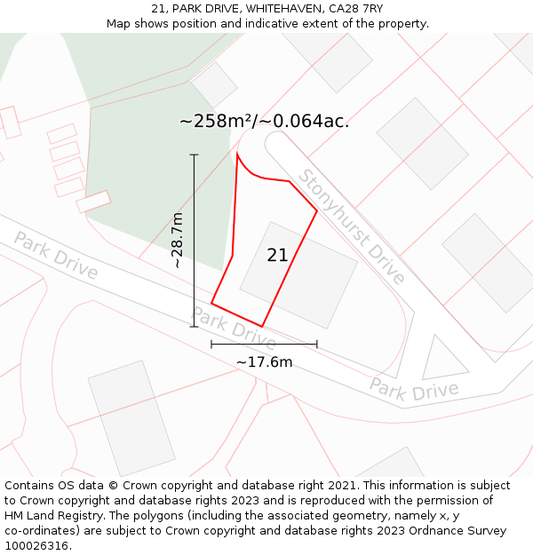 21, PARK DRIVE, WHITEHAVEN, CA28 7RY: Plot and title map