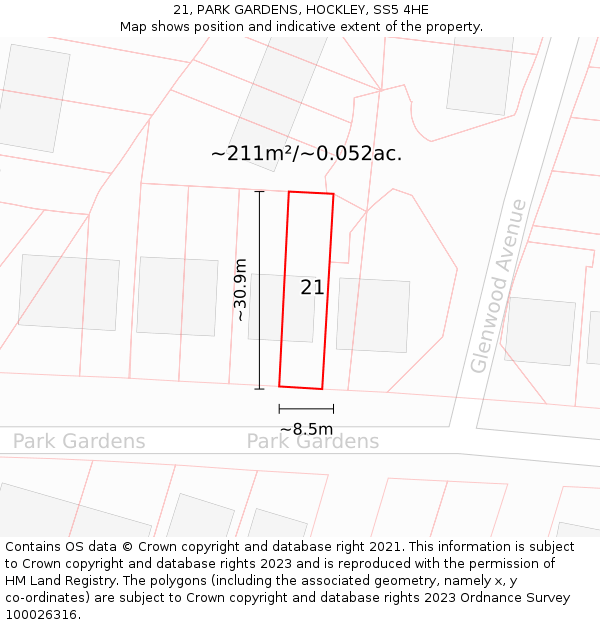 21, PARK GARDENS, HOCKLEY, SS5 4HE: Plot and title map