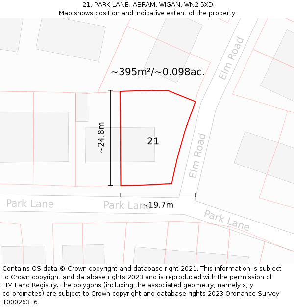21, PARK LANE, ABRAM, WIGAN, WN2 5XD: Plot and title map