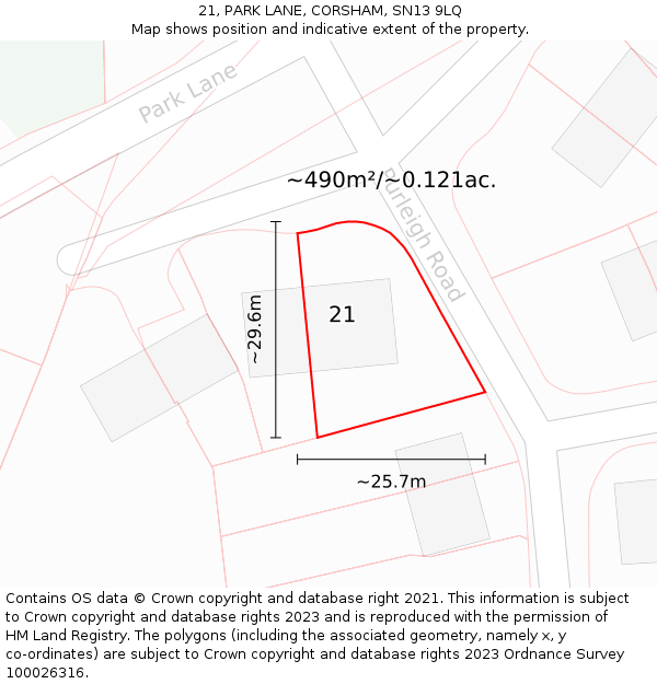 21, PARK LANE, CORSHAM, SN13 9LQ: Plot and title map