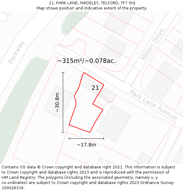 21, PARK LANE, MADELEY, TELFORD, TF7 5HJ: Plot and title map