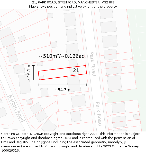21, PARK ROAD, STRETFORD, MANCHESTER, M32 8FE: Plot and title map