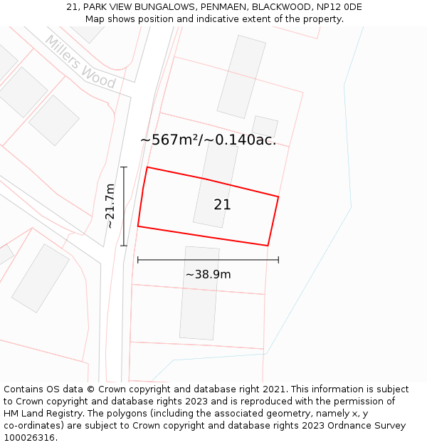 21, PARK VIEW BUNGALOWS, PENMAEN, BLACKWOOD, NP12 0DE: Plot and title map