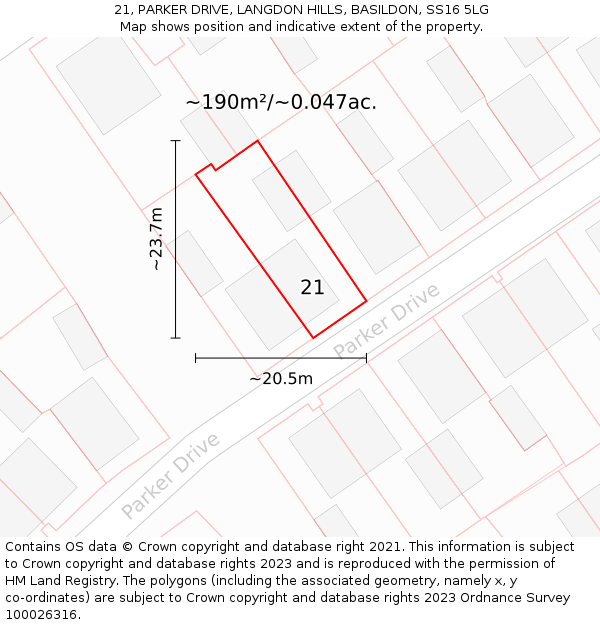21, PARKER DRIVE, LANGDON HILLS, BASILDON, SS16 5LG: Plot and title map