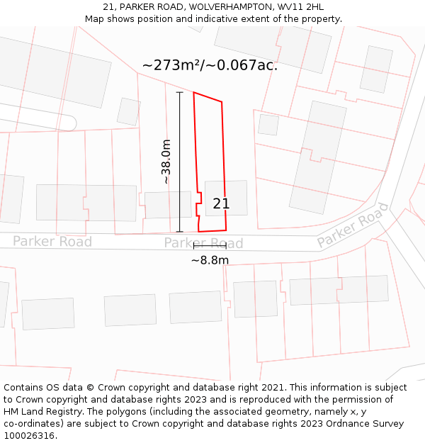 21, PARKER ROAD, WOLVERHAMPTON, WV11 2HL: Plot and title map