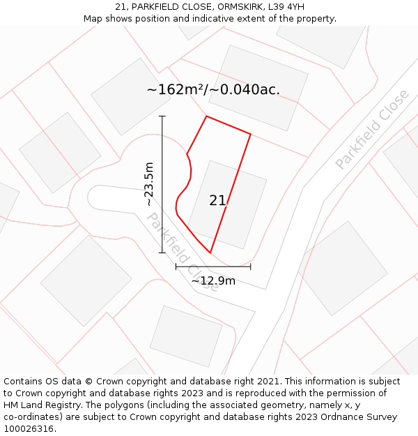 21, PARKFIELD CLOSE, ORMSKIRK, L39 4YH: Plot and title map
