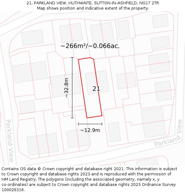 21, PARKLAND VIEW, HUTHWAITE, SUTTON-IN-ASHFIELD, NG17 2TR: Plot and title map