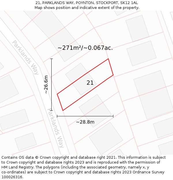21, PARKLANDS WAY, POYNTON, STOCKPORT, SK12 1AL: Plot and title map