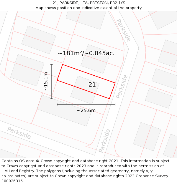 21, PARKSIDE, LEA, PRESTON, PR2 1YS: Plot and title map