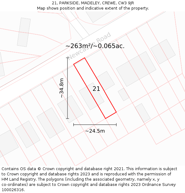 21, PARKSIDE, MADELEY, CREWE, CW3 9JR: Plot and title map