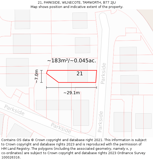 21, PARKSIDE, WILNECOTE, TAMWORTH, B77 2JU: Plot and title map